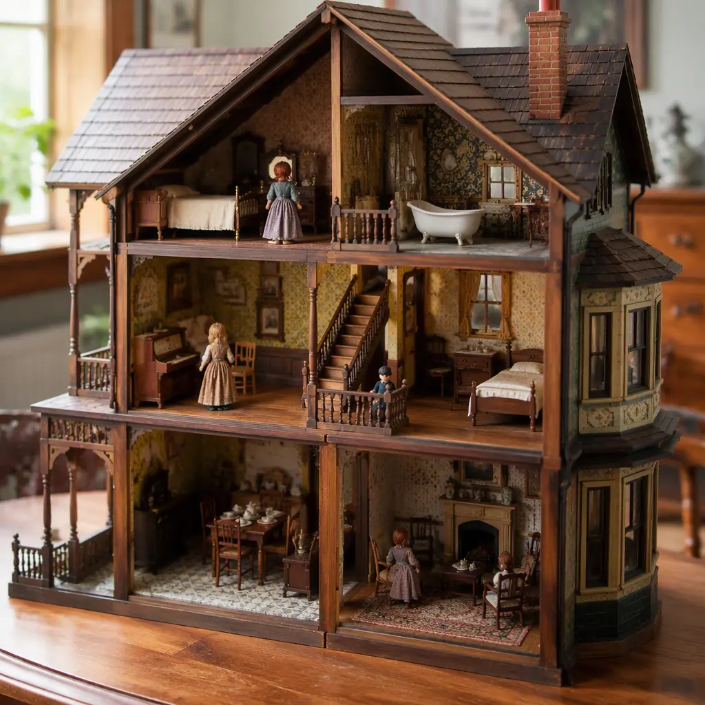 Detailed miniature Victorian-style dollhouse with furnished rooms and toy figures arranged for imaginative play