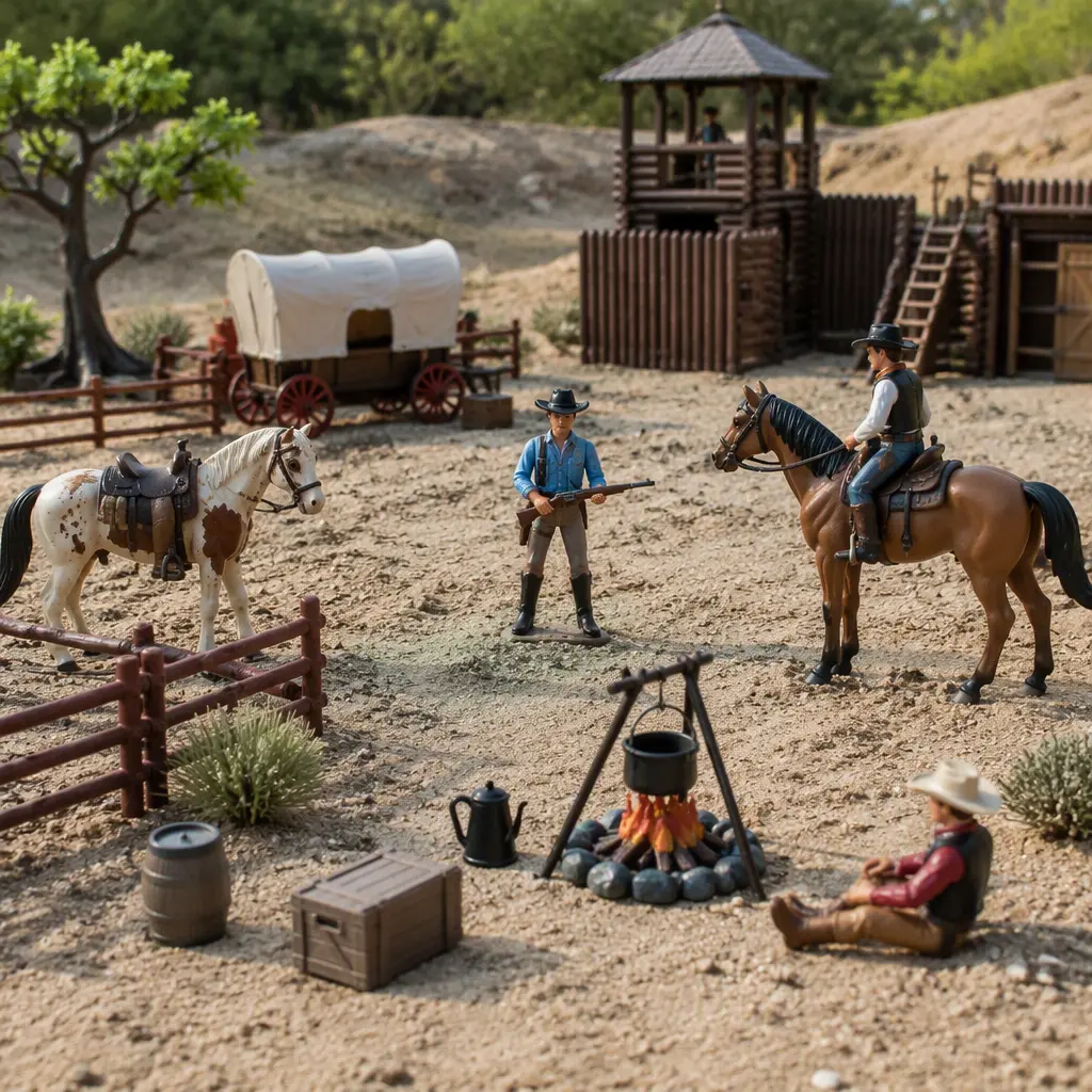 Toy cowboy camp with horses and frontier accessories displayed on a tabletop