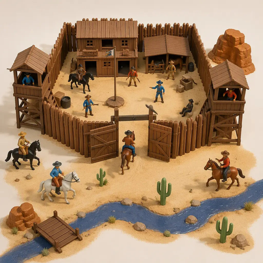 Frontier toy fort with cowboy figures and horses in a studio setup