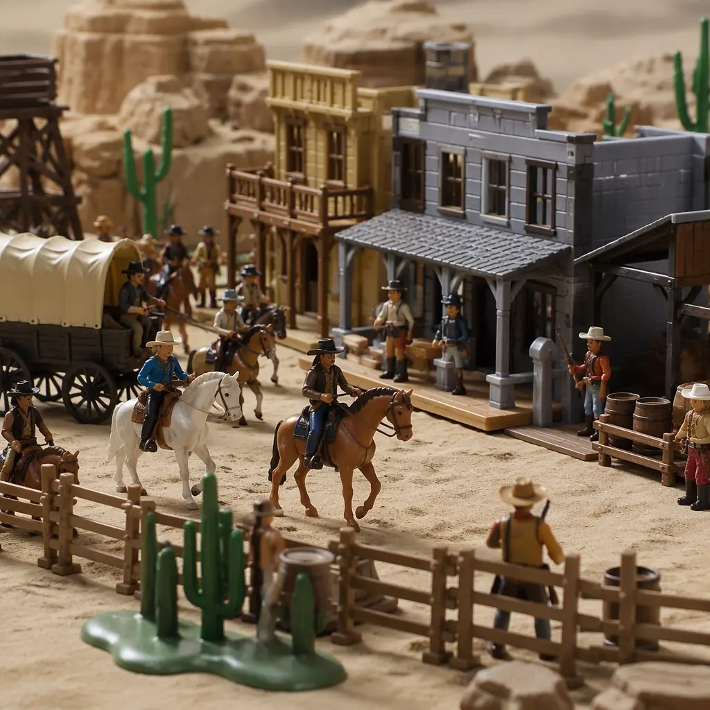 Western-themed toy town with cowboy figures, horses, and frontier buildings arranged in a studio setting
