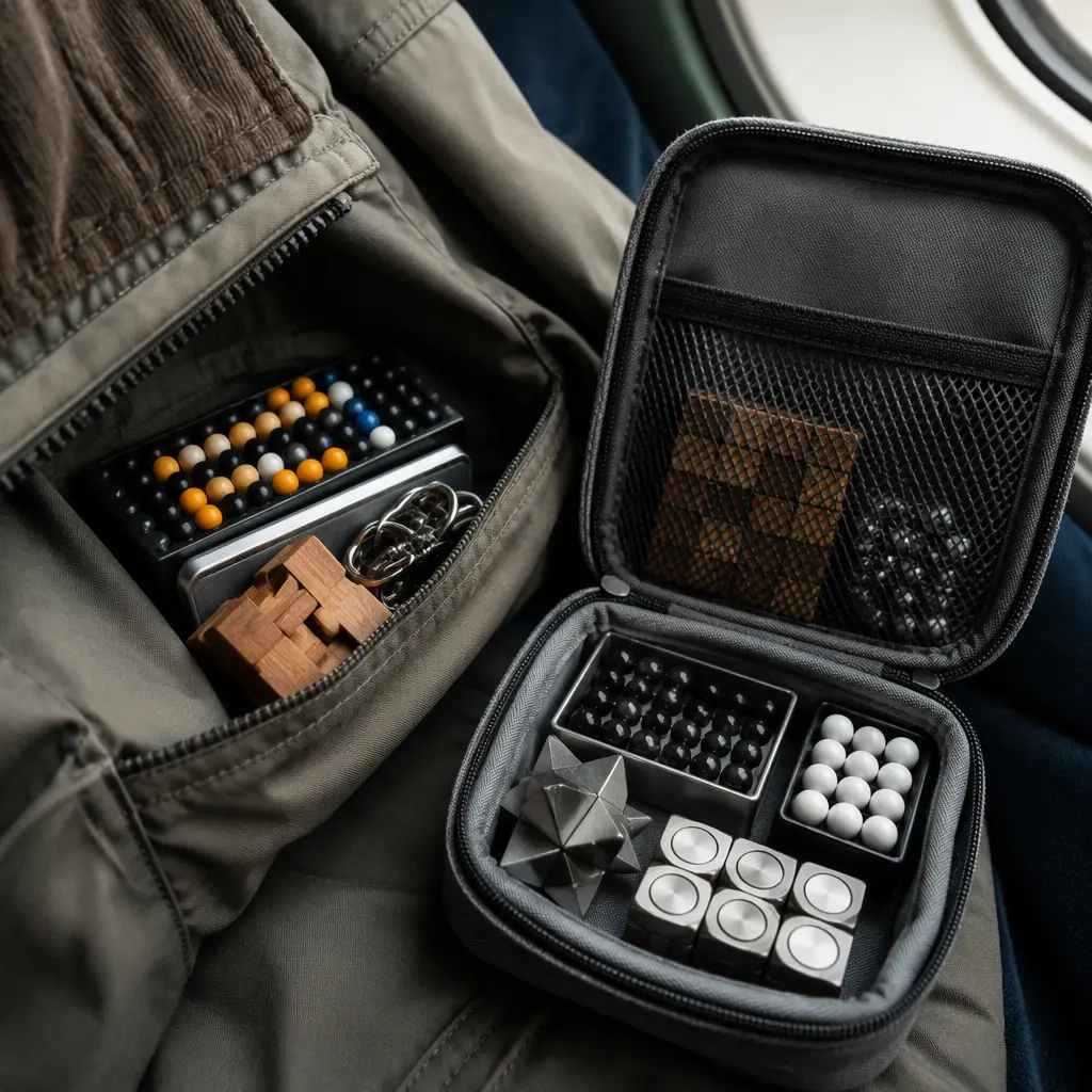 Compact travel puzzles stored in a jacket pocket and small pouch