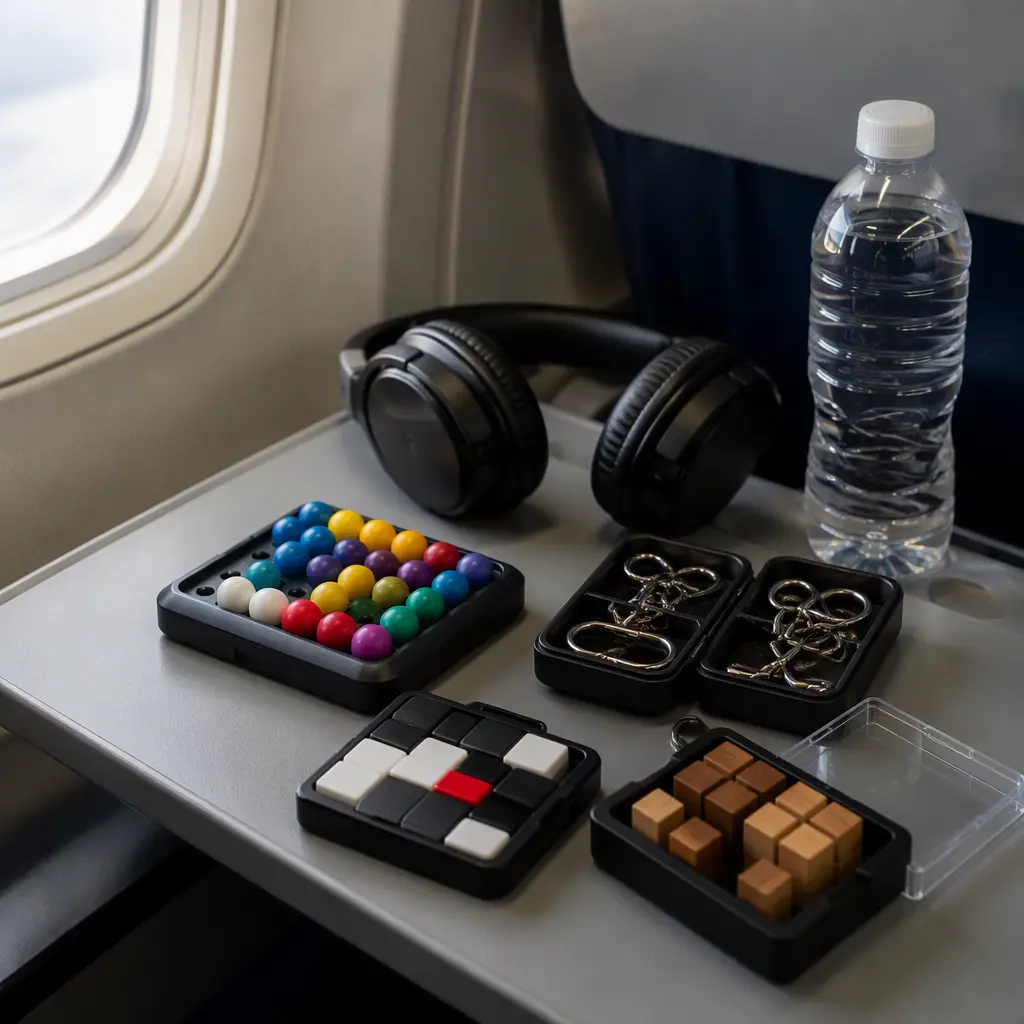 Portable logic games arranged on an airplane tray table