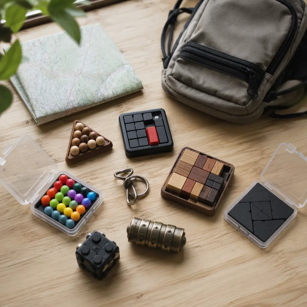 Small portable logic games and travel puzzles arranged beside a backpack on a table