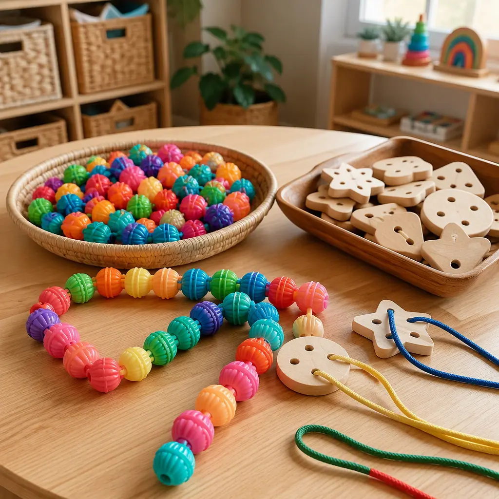 Preschool fine-motor toys including pop beads and lacing sets in a playroom