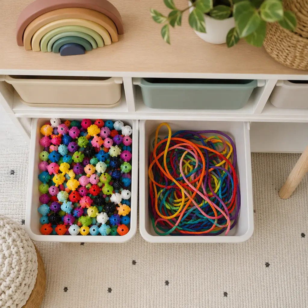 Organized storage bins for pop beads and lacing toys