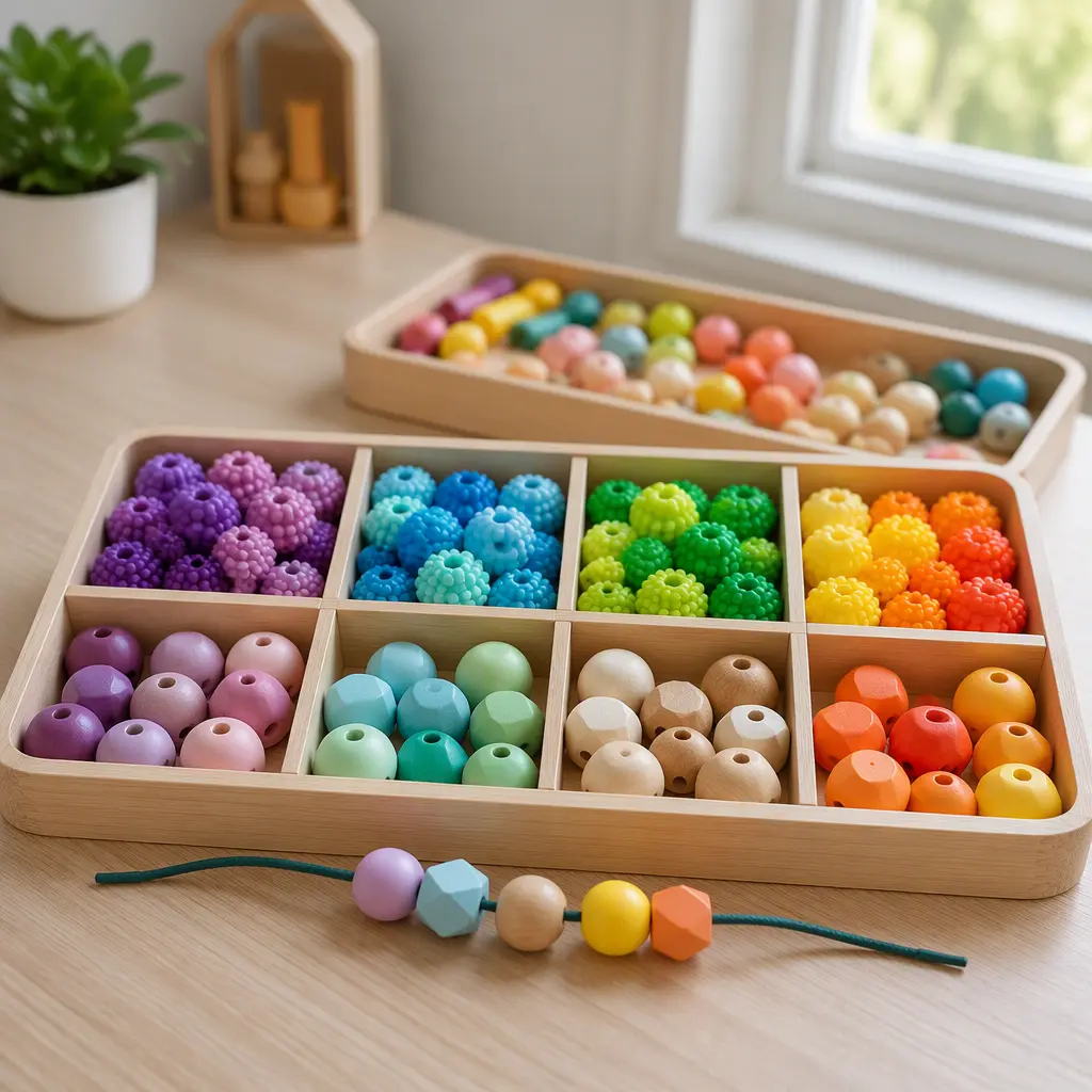 Pop beads and lacing beads arranged on a table for preschool fine-motor play