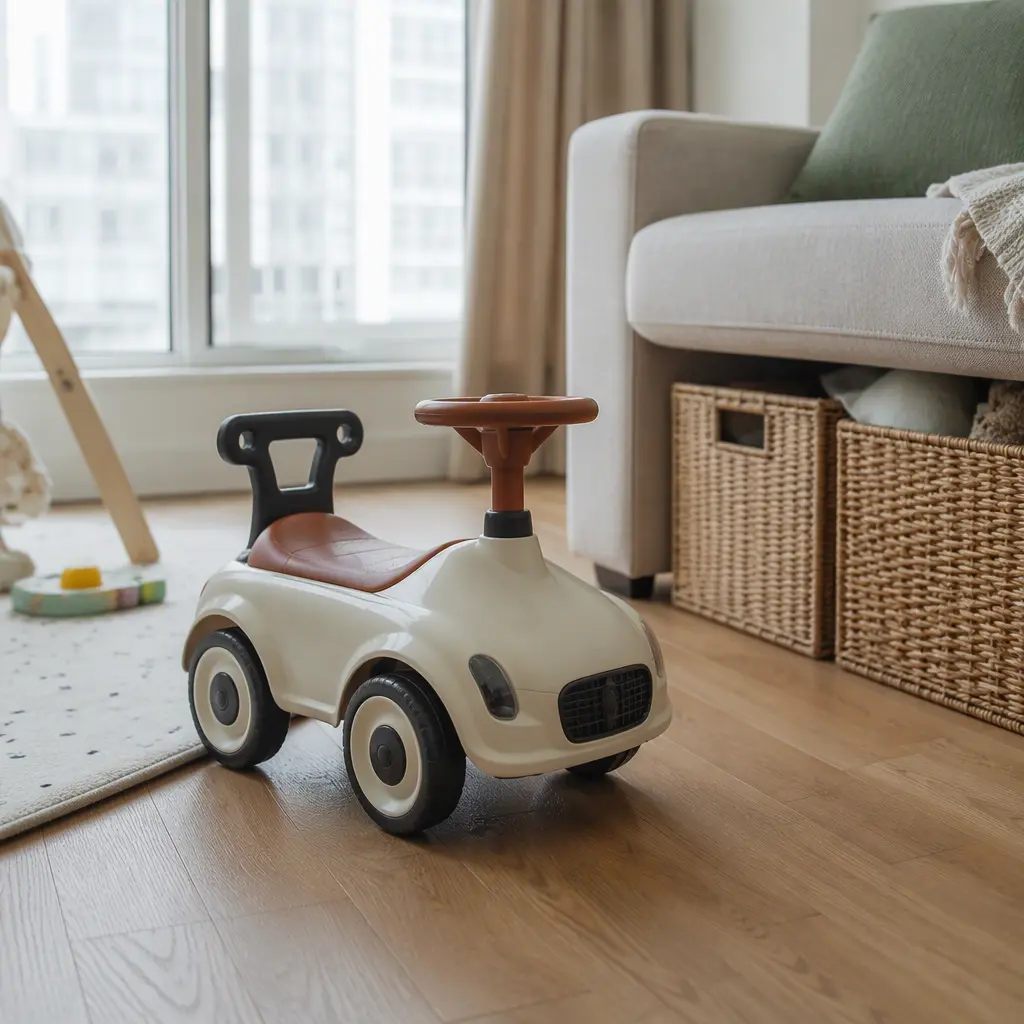 Compact toddler push car in a small living room