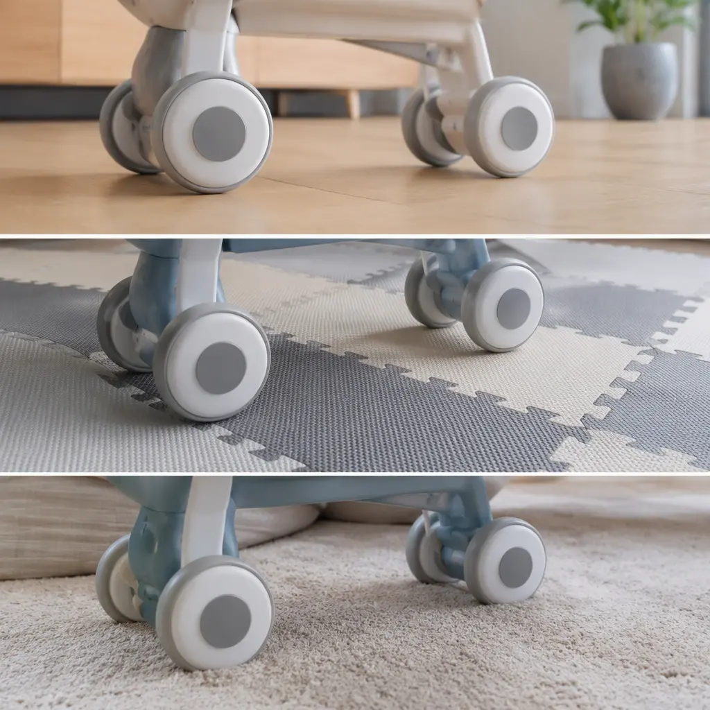 Ride-on toy wheels on indoor flooring surfaces
