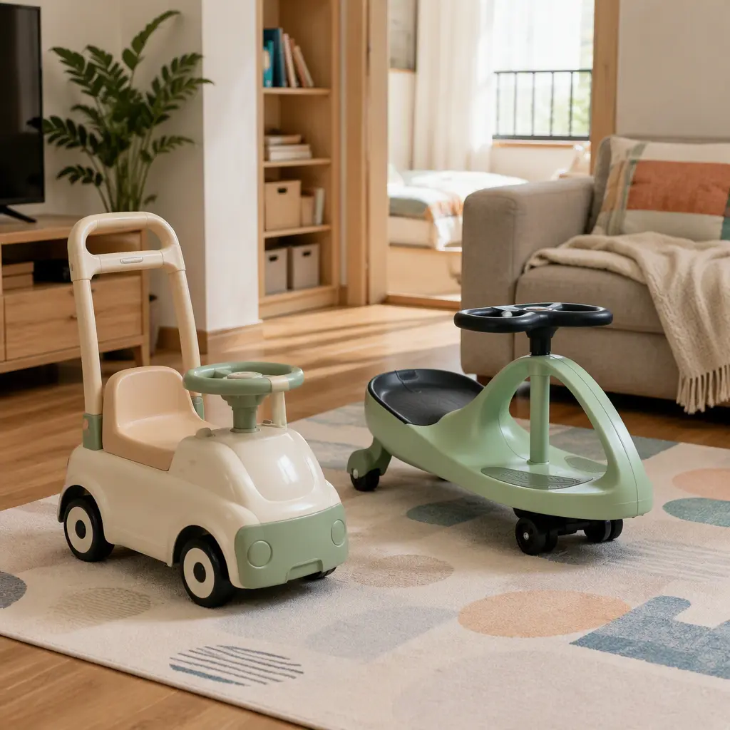 Toddler push car and wiggle car in a small indoor play area