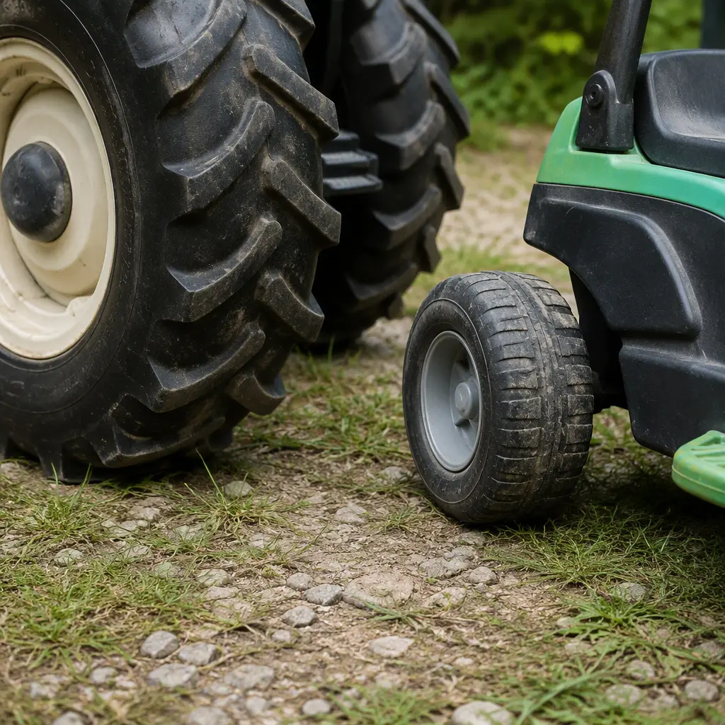 Close-up of toy tractor and ride-on car wheels on uneven grass and gravel