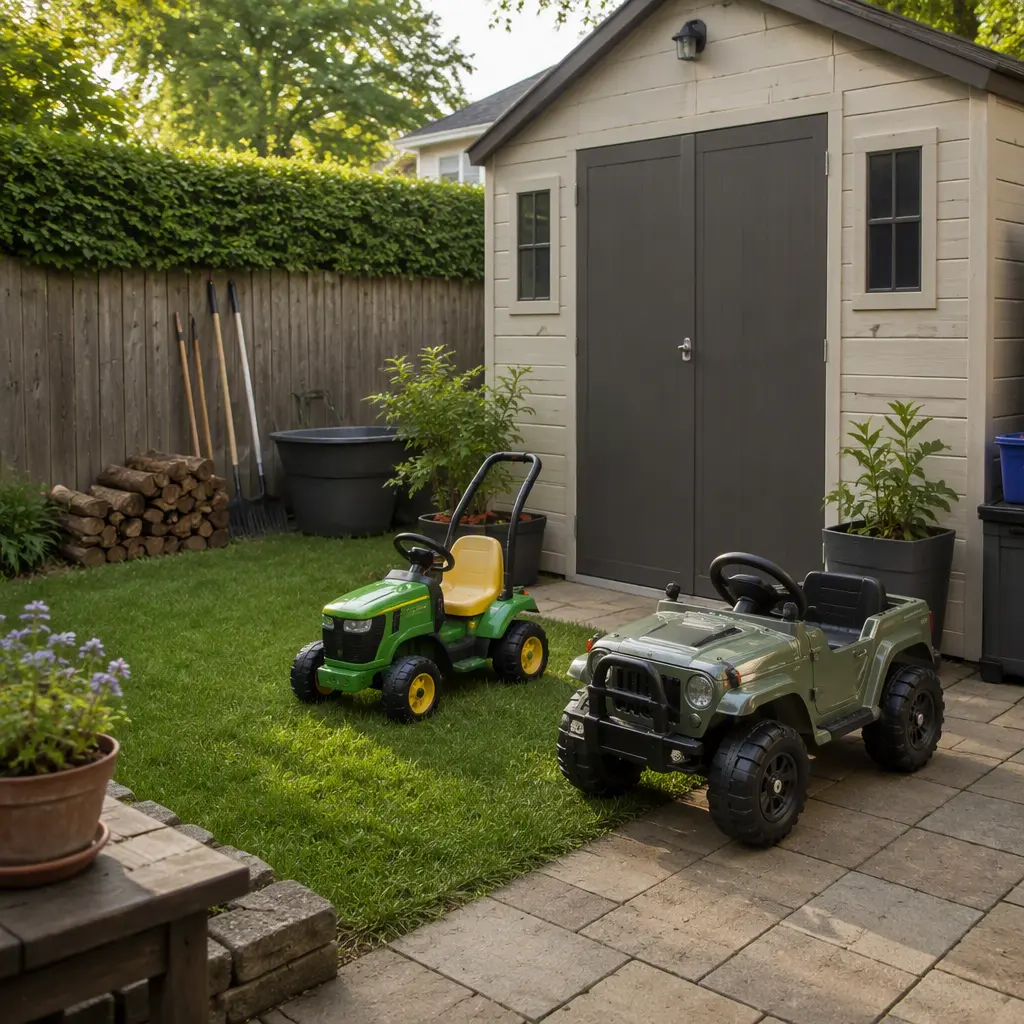 Push tractor and ride-on car stored beside a backyard shed