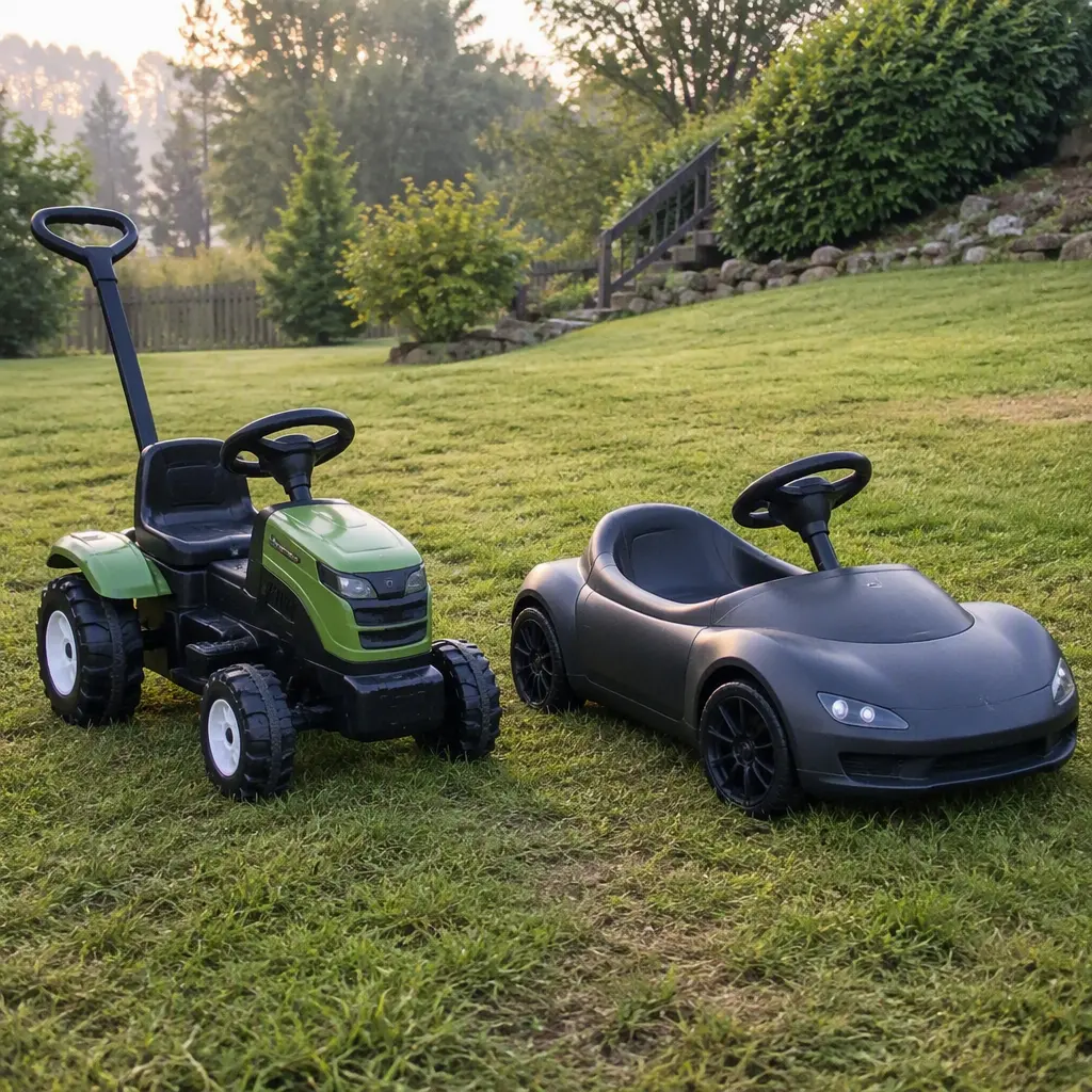 Push tractor and ride-on toy car on an uneven grassy backyard lawn