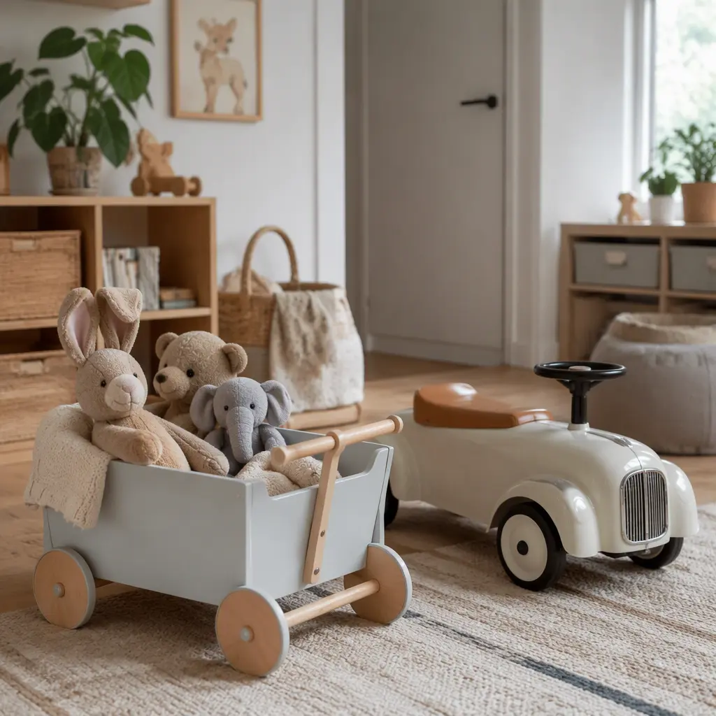 Push wagon and compact ride-on toy in a softly lit playroom