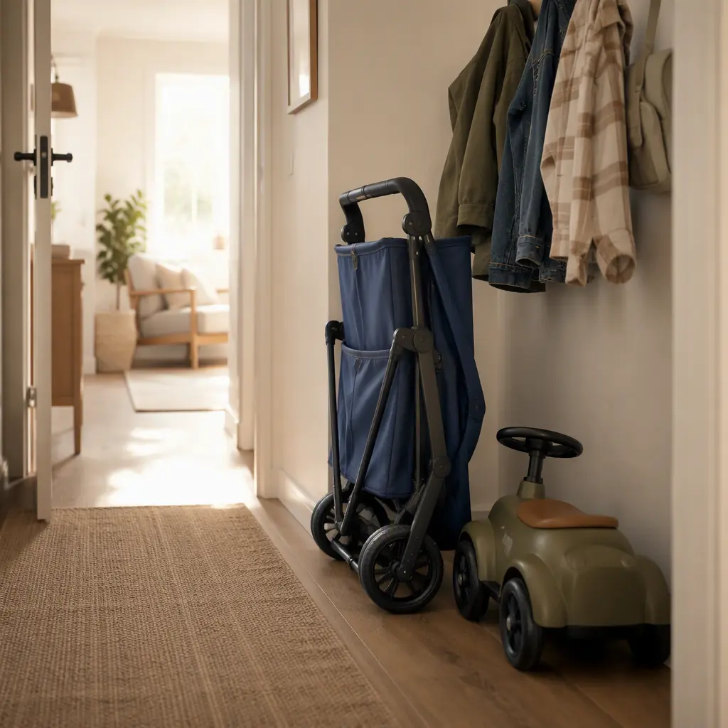 Compact toddler ride-on toys stored neatly in a hallway