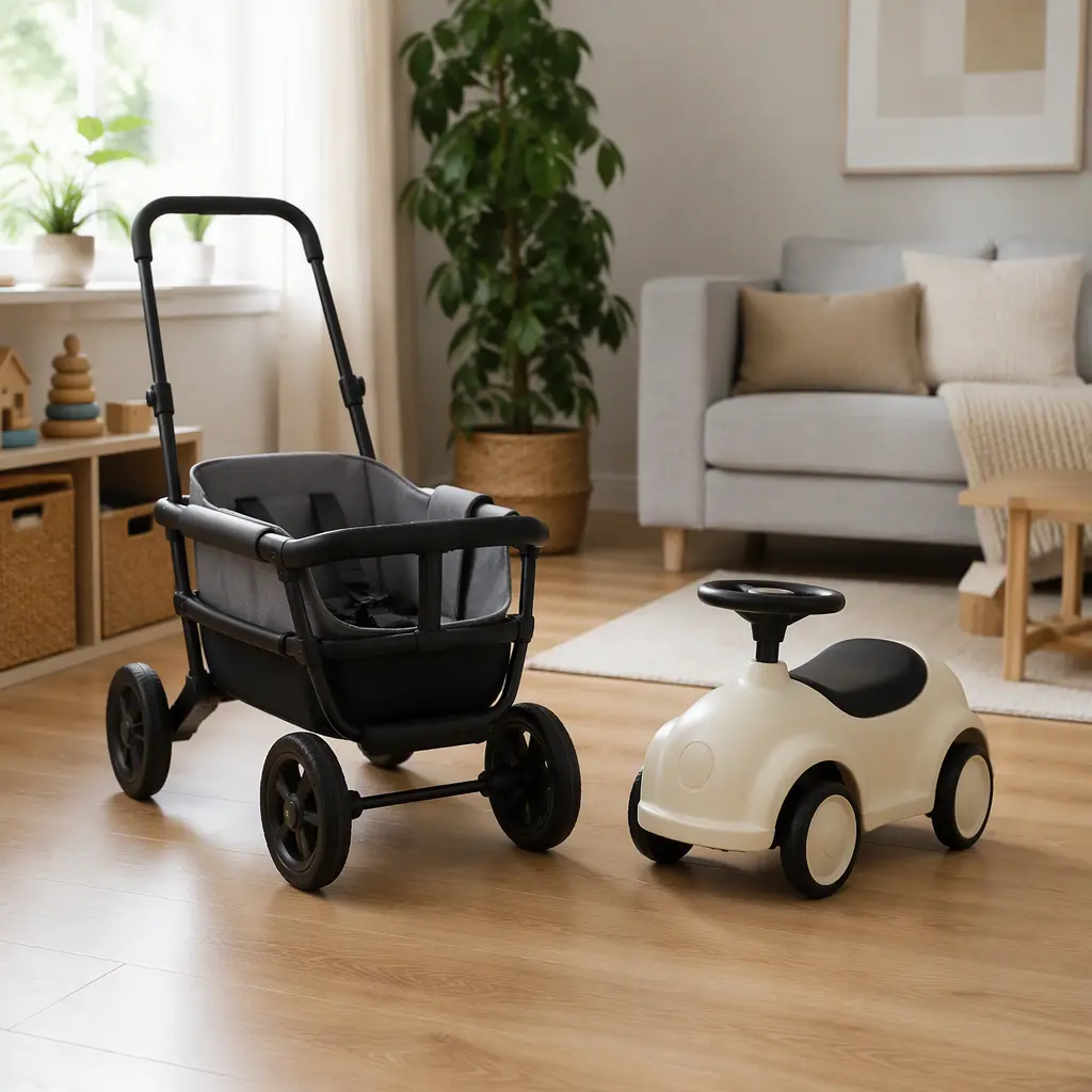 Toddler push wagon and ride-on car side by side in a family living room