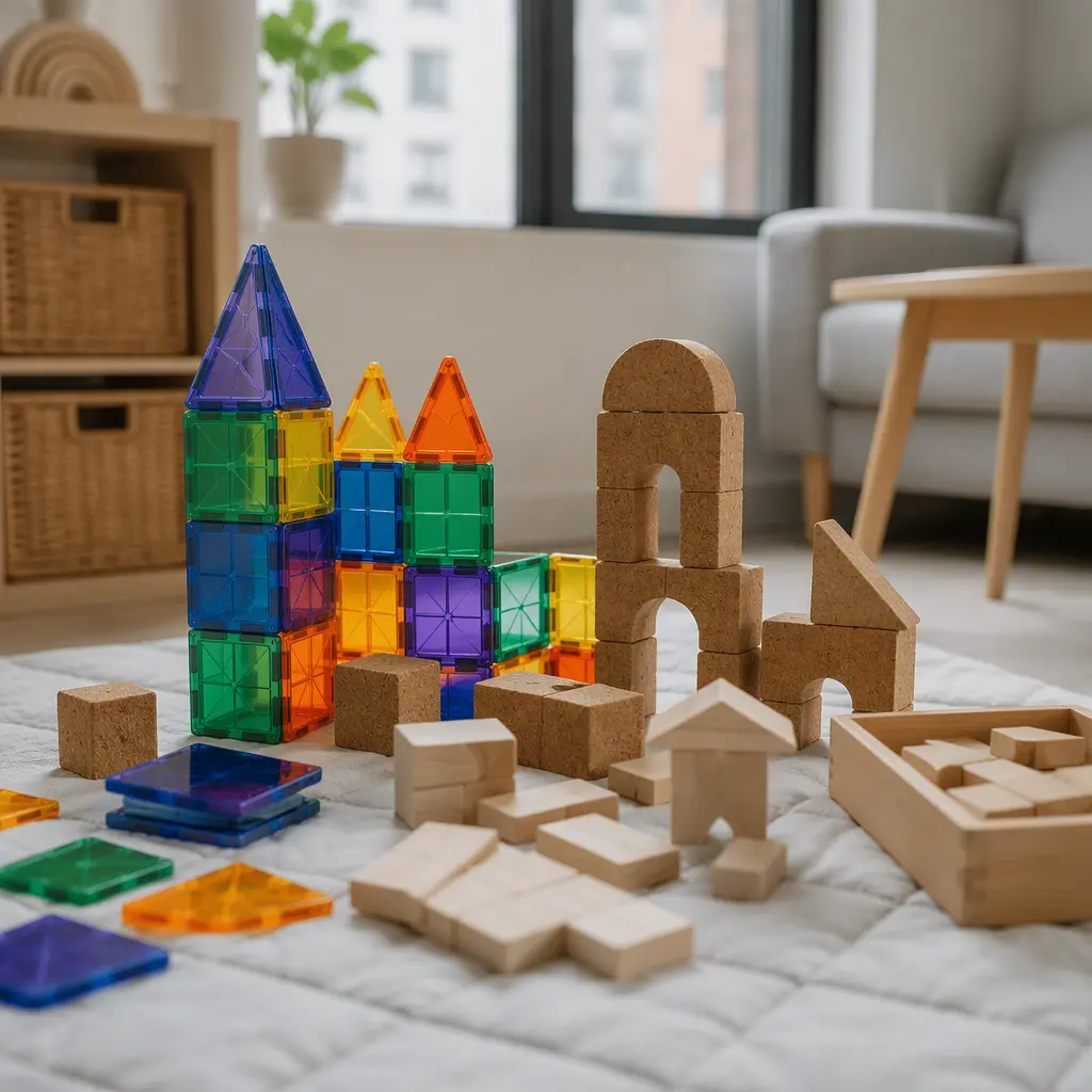 Lightweight construction toys on a cushioned play mat