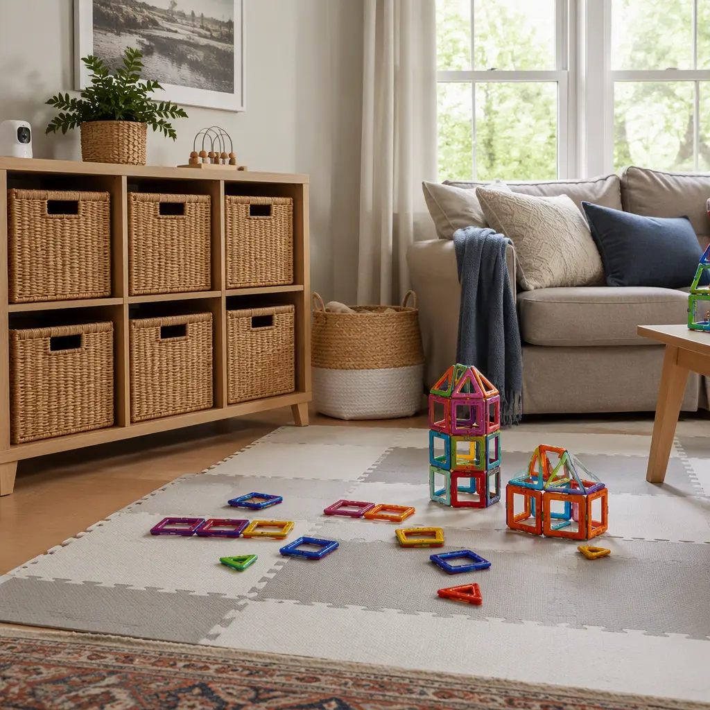 Apartment-friendly toy storage beside a foam play mat