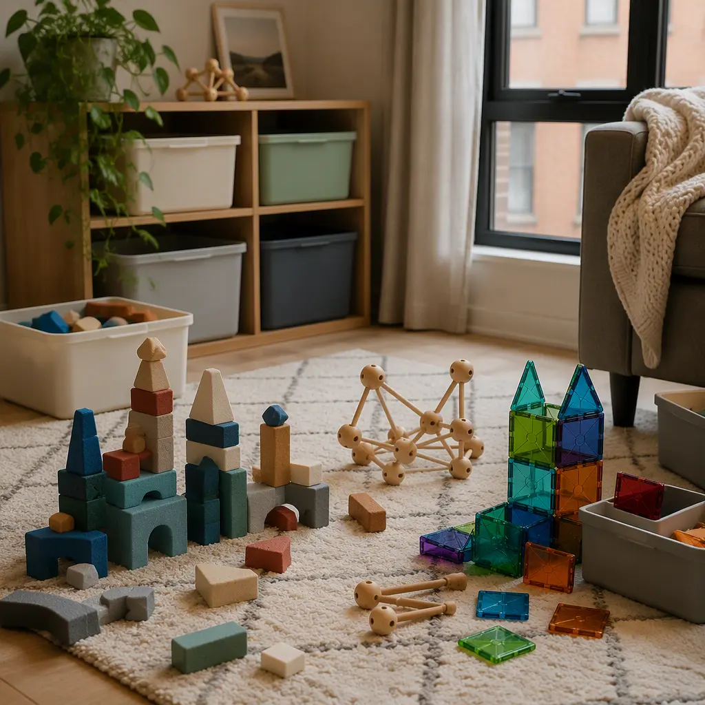Quiet construction toys arranged on a soft rug in an apartment play area