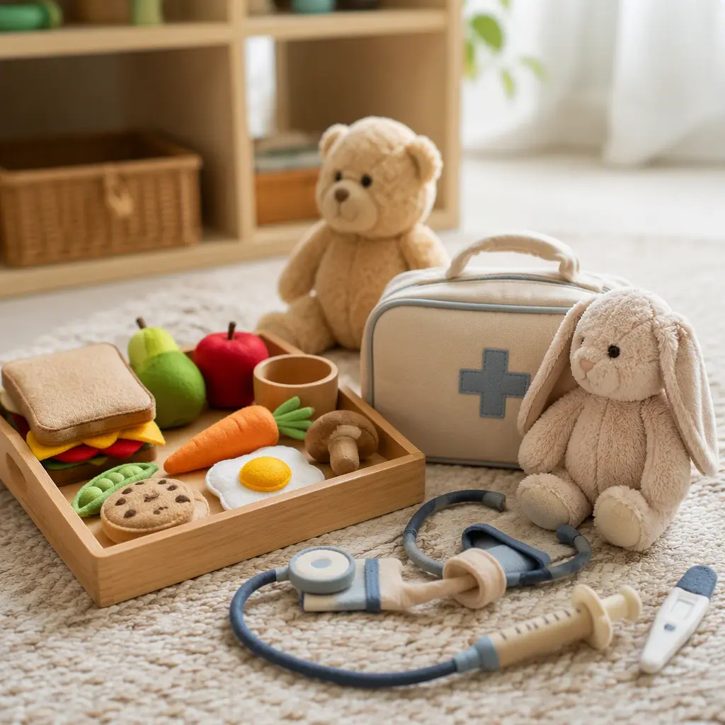 Soft pretend play toys arranged on a rug for quiet indoor play