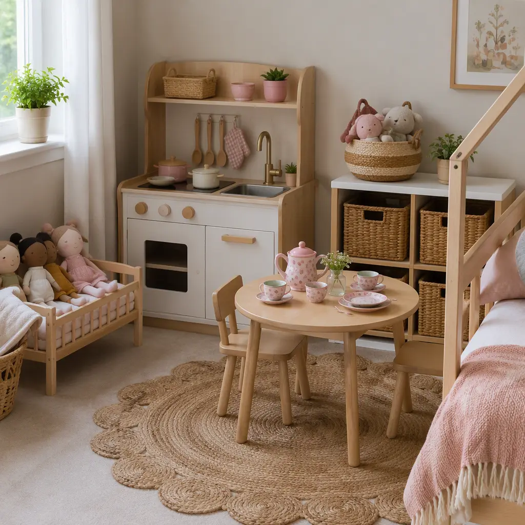 Quiet pretend play area with soft toys and organized storage baskets