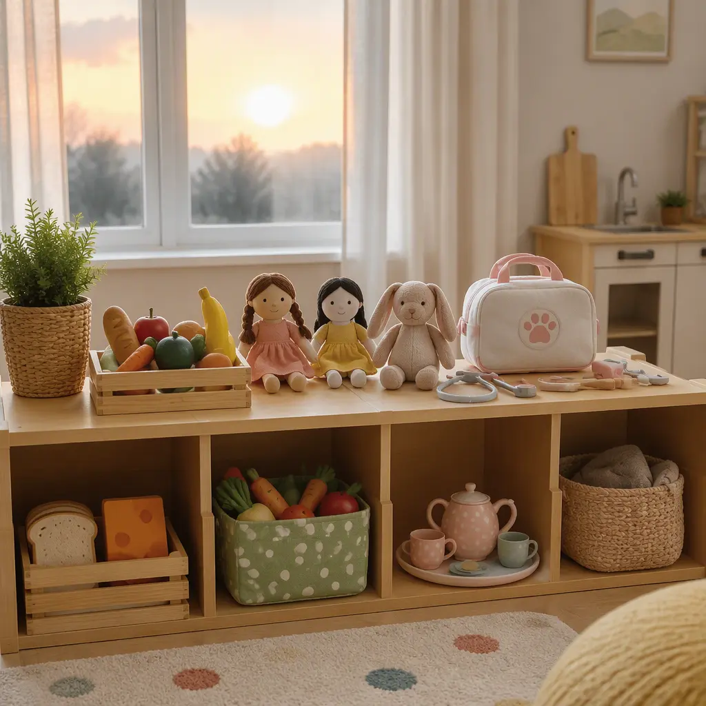Quiet pretend play toys arranged in a softly lit playroom for preschool children