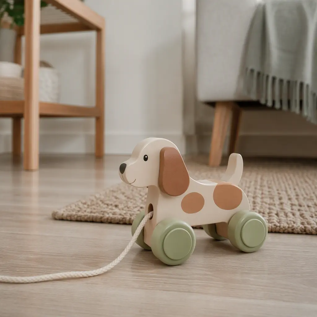 Quiet pull toy with rubber wheels on an apartment floor