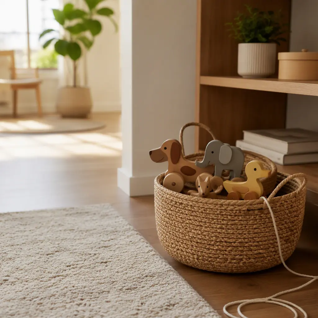 Compact toddler pull toys stored neatly in an apartment play area