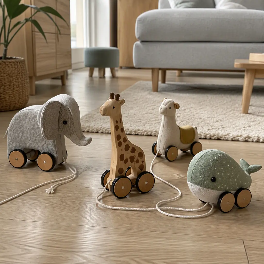 Quiet toddler pull toys on a wooden apartment floor in soft natural light