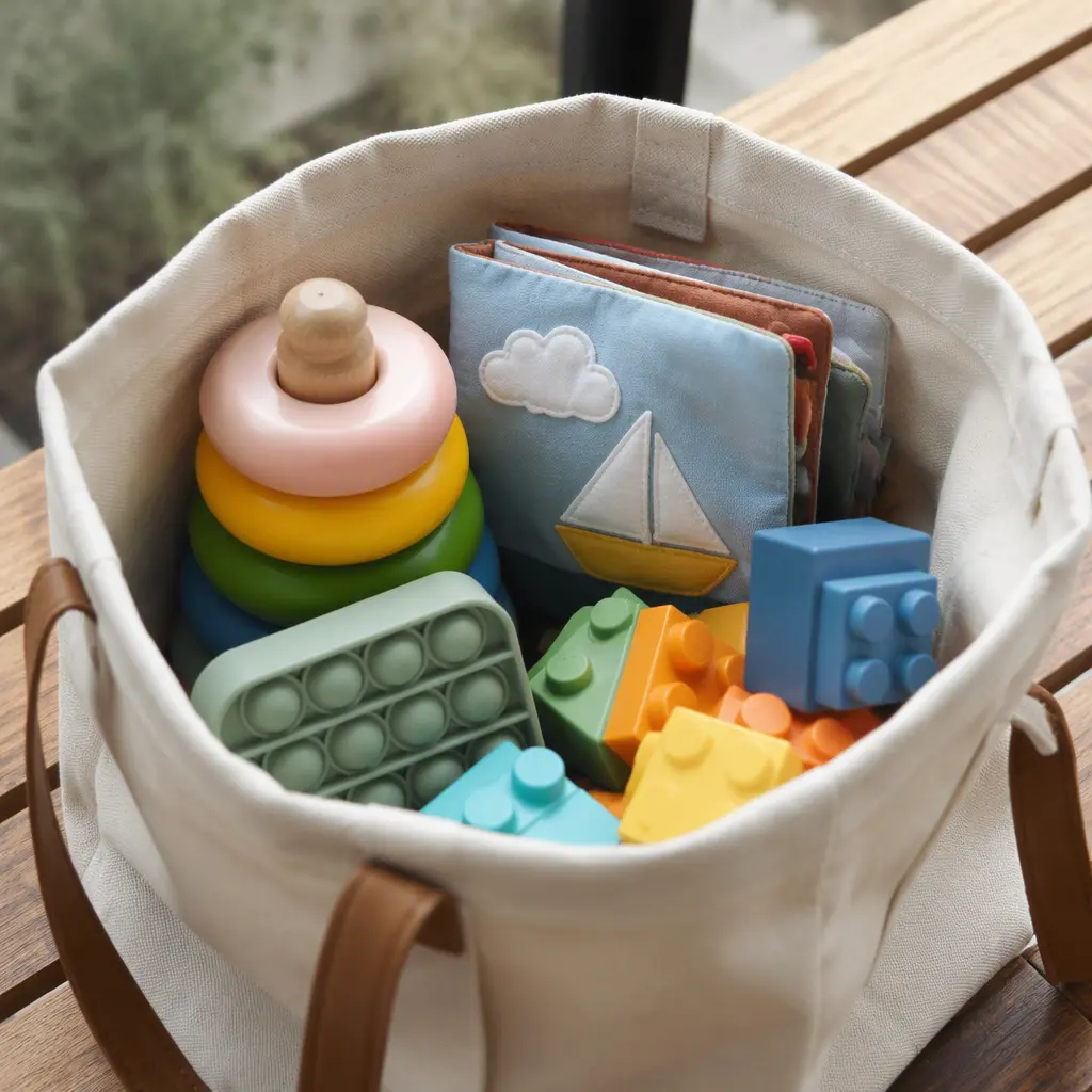 Quiet toddler travel toys packed neatly in a tote bag