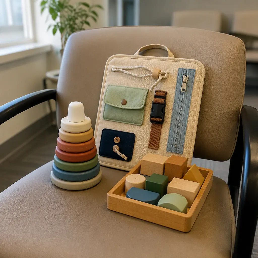 Quiet toddler activity toys arranged on a waiting room chair