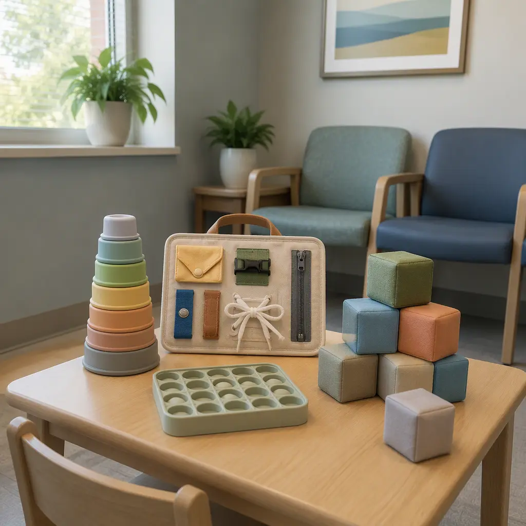 Quiet toddler toys arranged in a calm waiting room setting with soft natural light