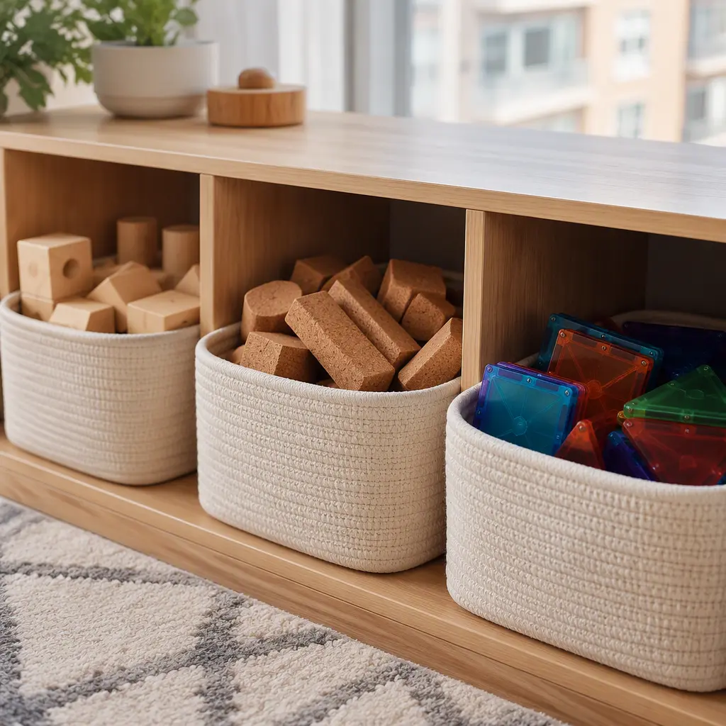 Quiet construction toys stored neatly for independent early morning play