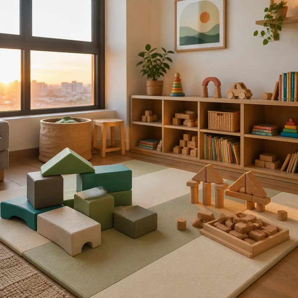 Organized quiet play area with low-noise construction toys for preschoolers