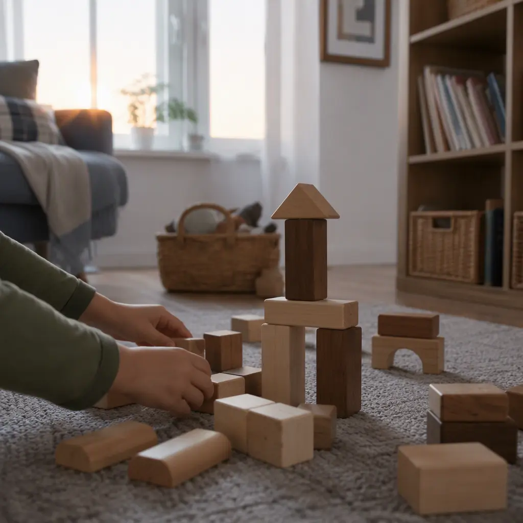 Quiet preschool building toys set up in a softly lit living room at dawn