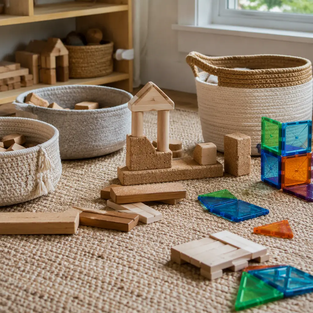 Quiet construction toys for preschool children arranged on a rug