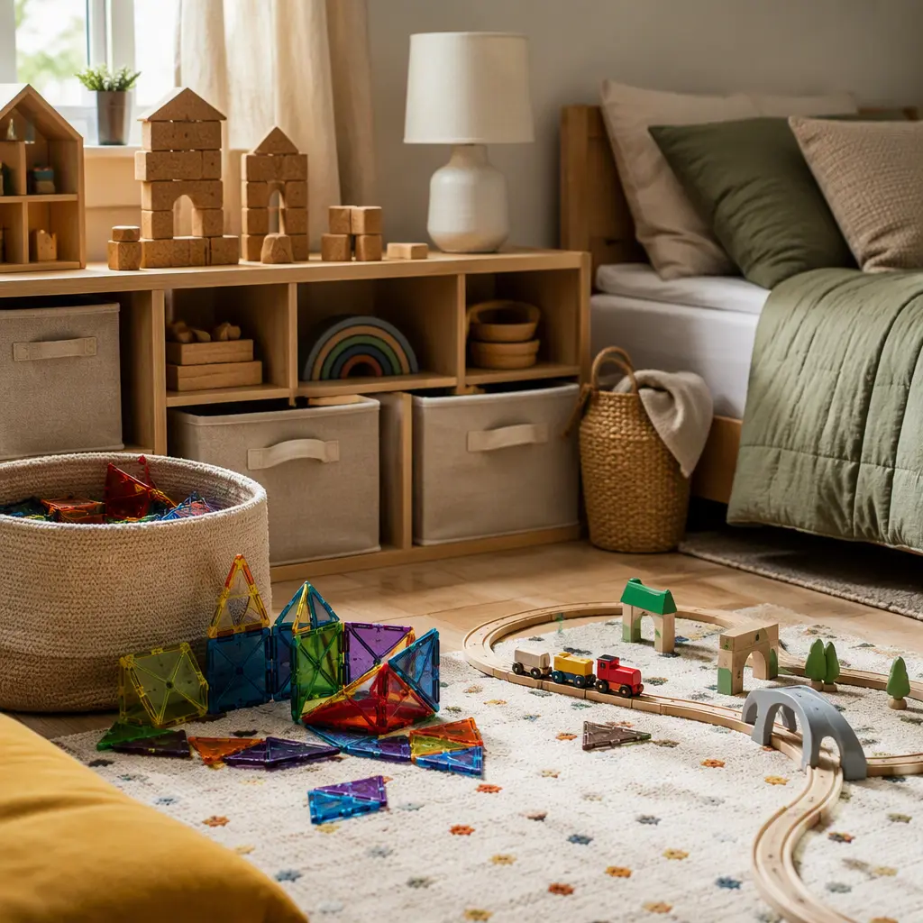 Organized quiet toy storage in a shared preschool bedroom