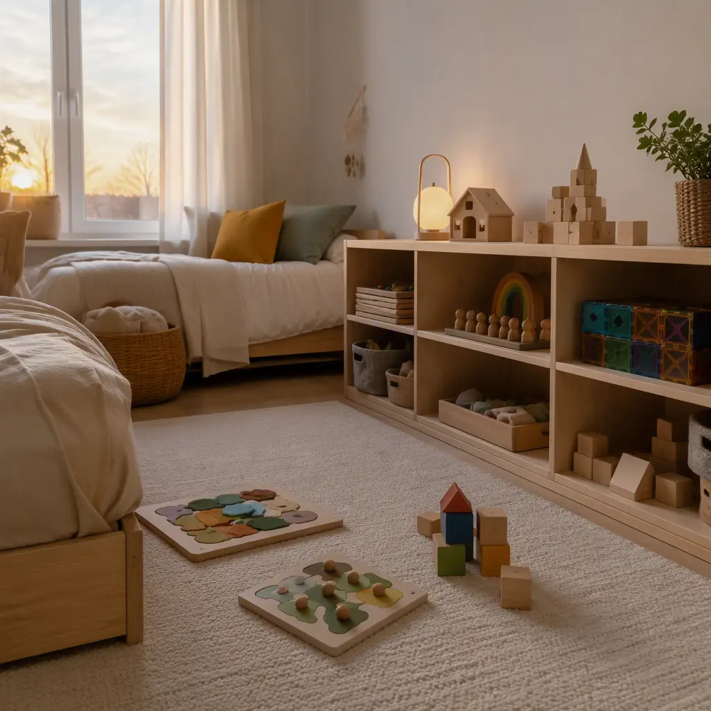 Quiet preschool toys arranged in a shared children's bedroom with soft morning light