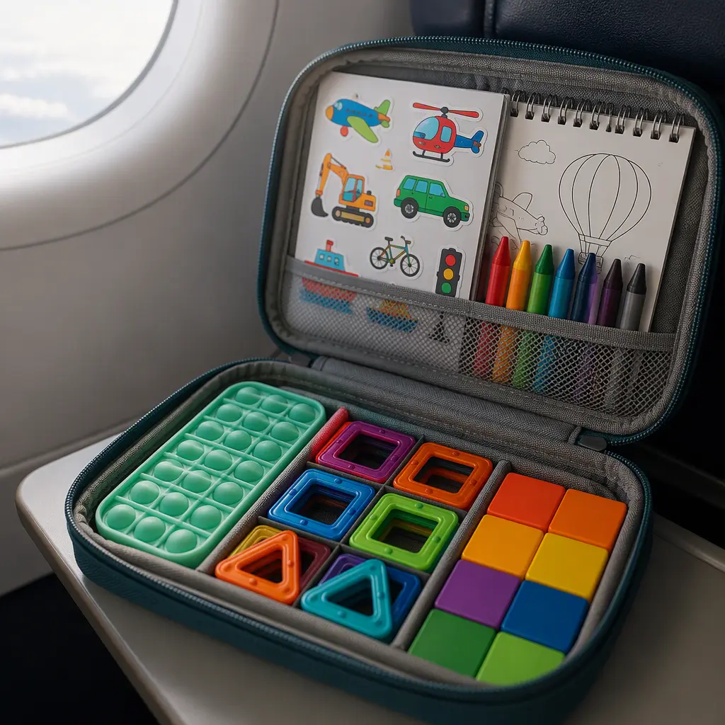 Compact preschool travel toys packed inside a carry-on organizer