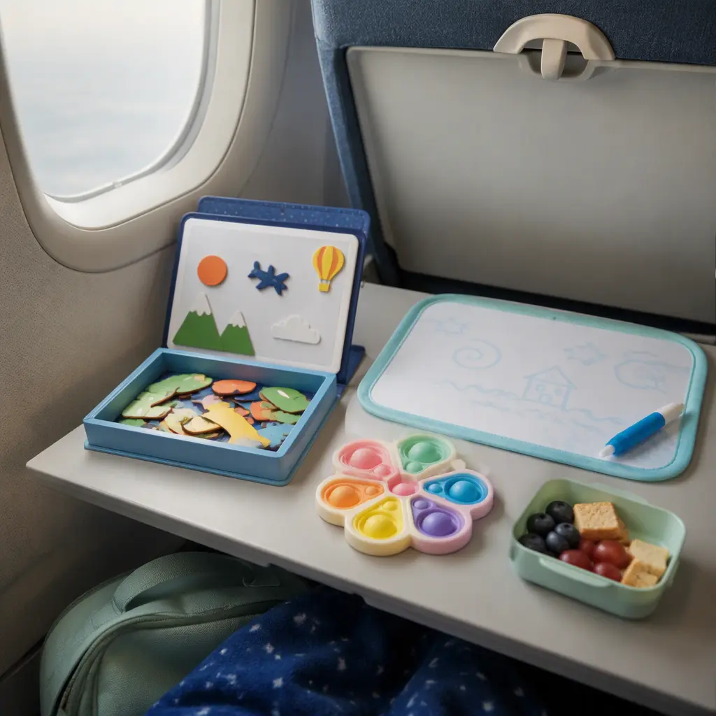 Lap-friendly preschool travel activities on an airplane tray table