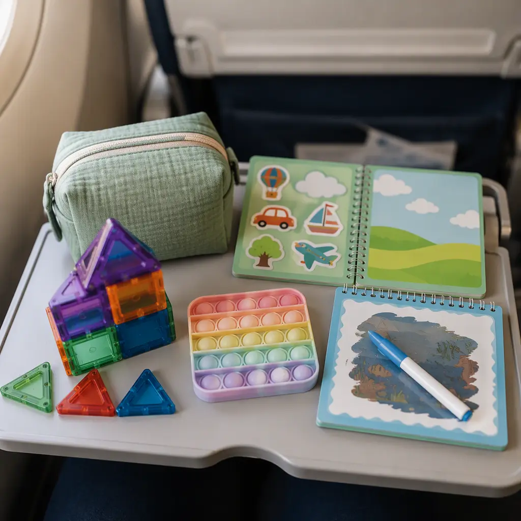 Quiet travel toys arranged on an airplane tray table for preschool-aged children