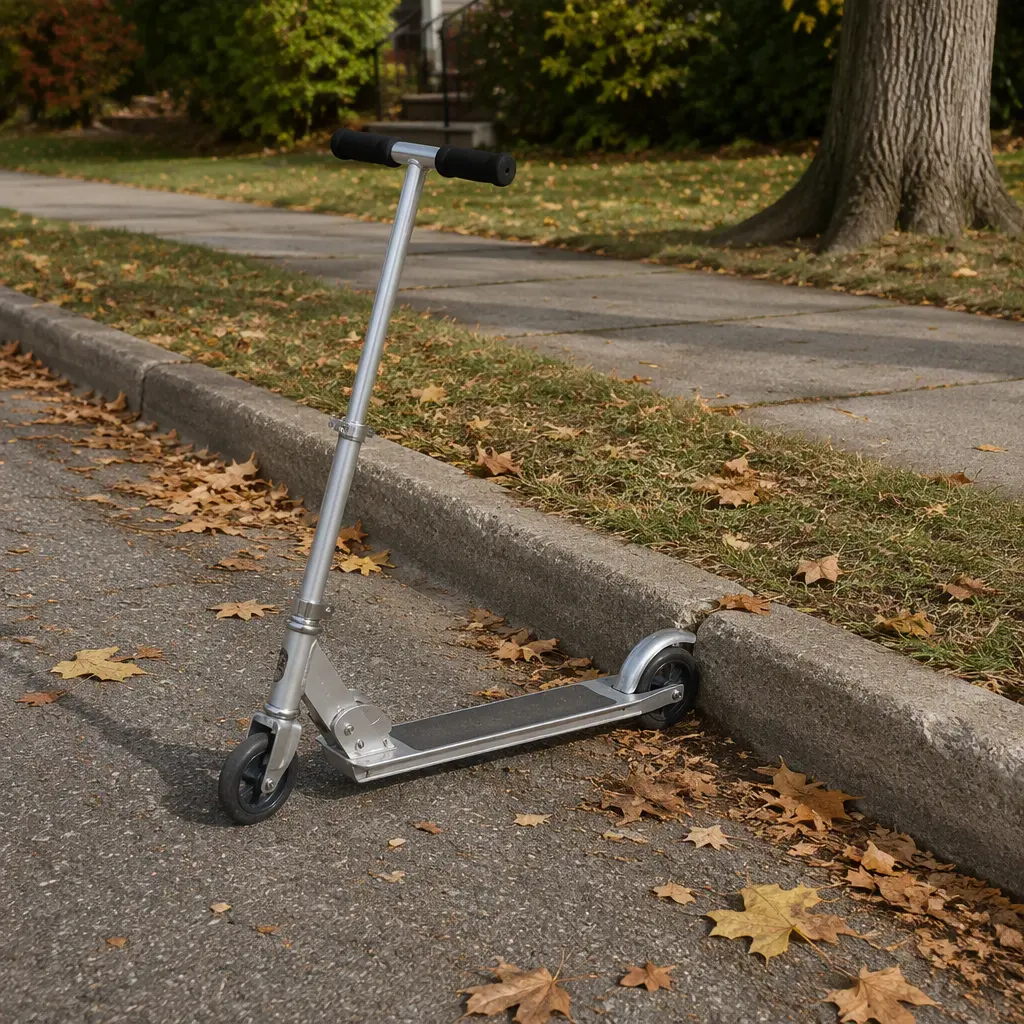 Aluminum kick scooter resting beside a suburban sidewalk