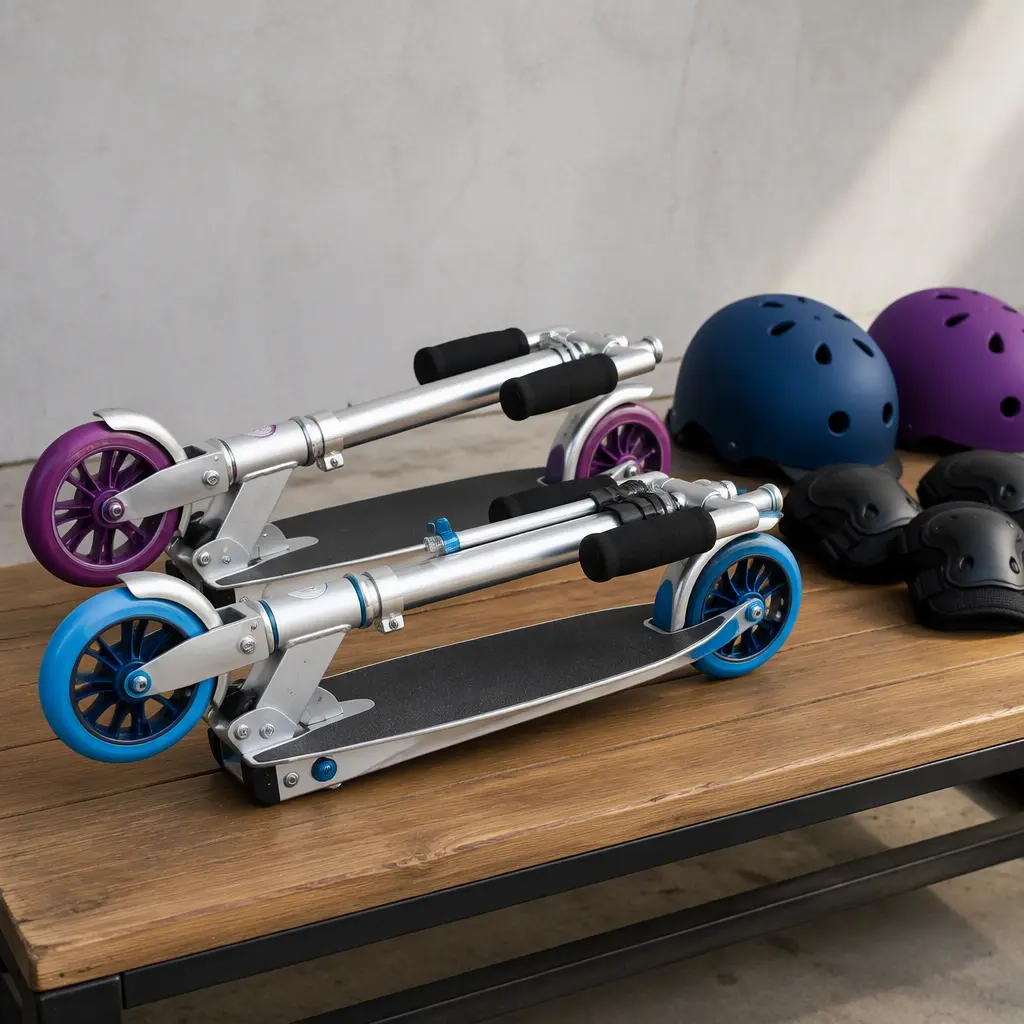 Folded kick scooters with helmets and pads arranged on a bench