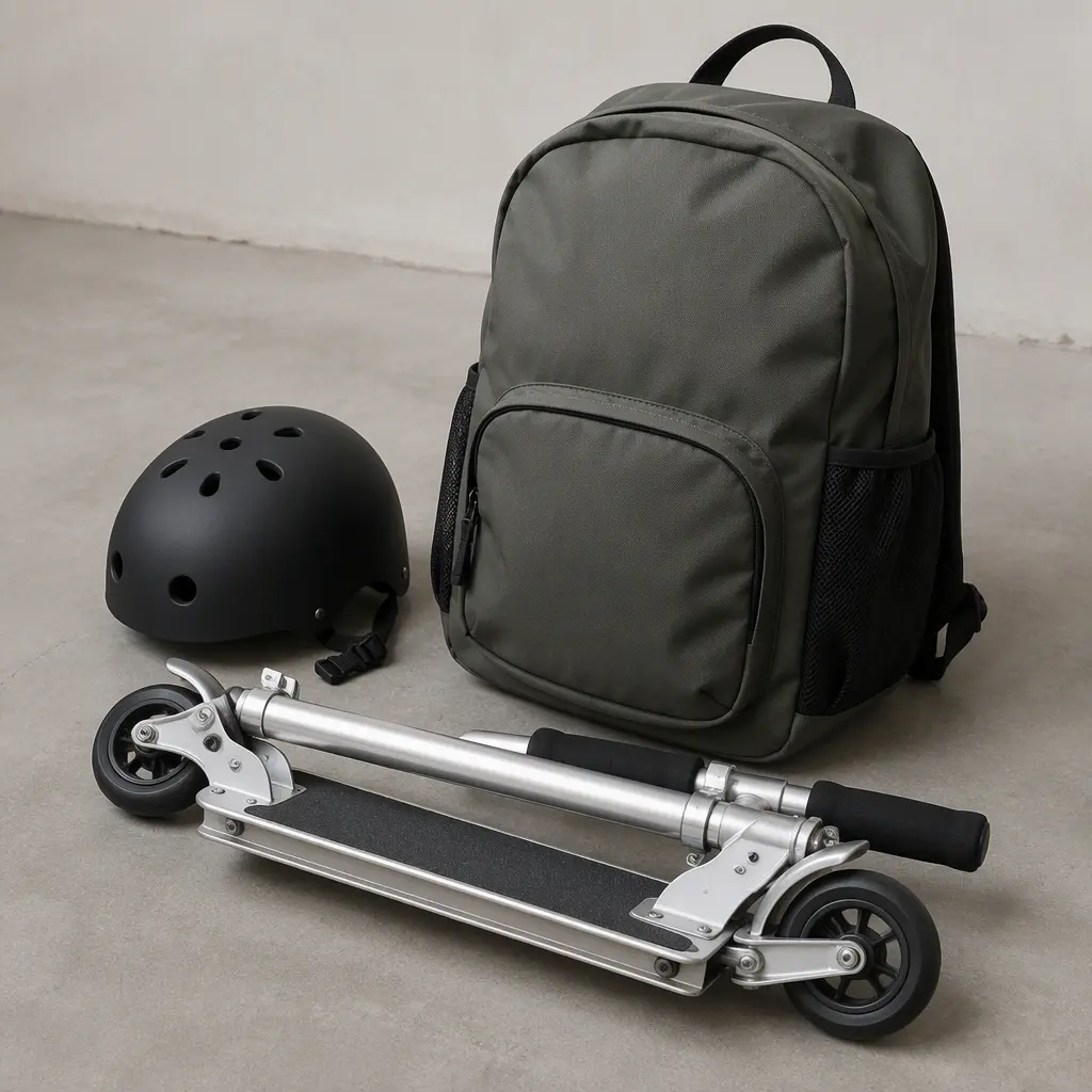 Compact aluminum kick scooter beside a backpack and helmet in a studio setting
