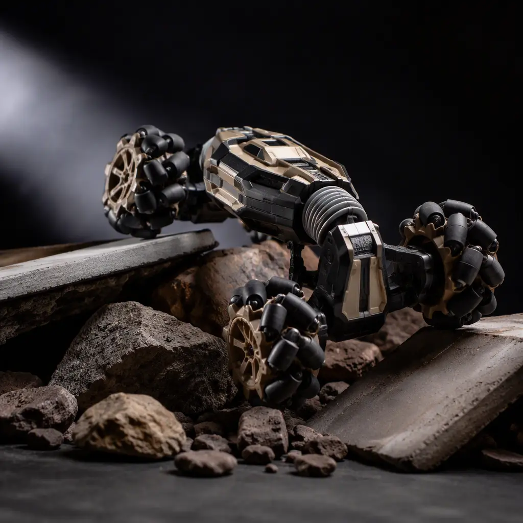 A remote-control stunt vehicle climbing over rocks with articulated wheels