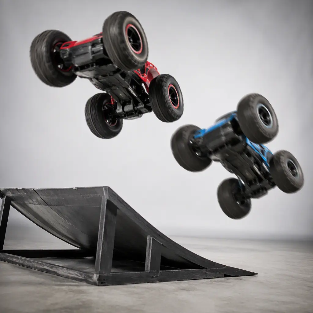 Two remote-control stunt cars flipping on a studio ramp with oversized tires and bright colors