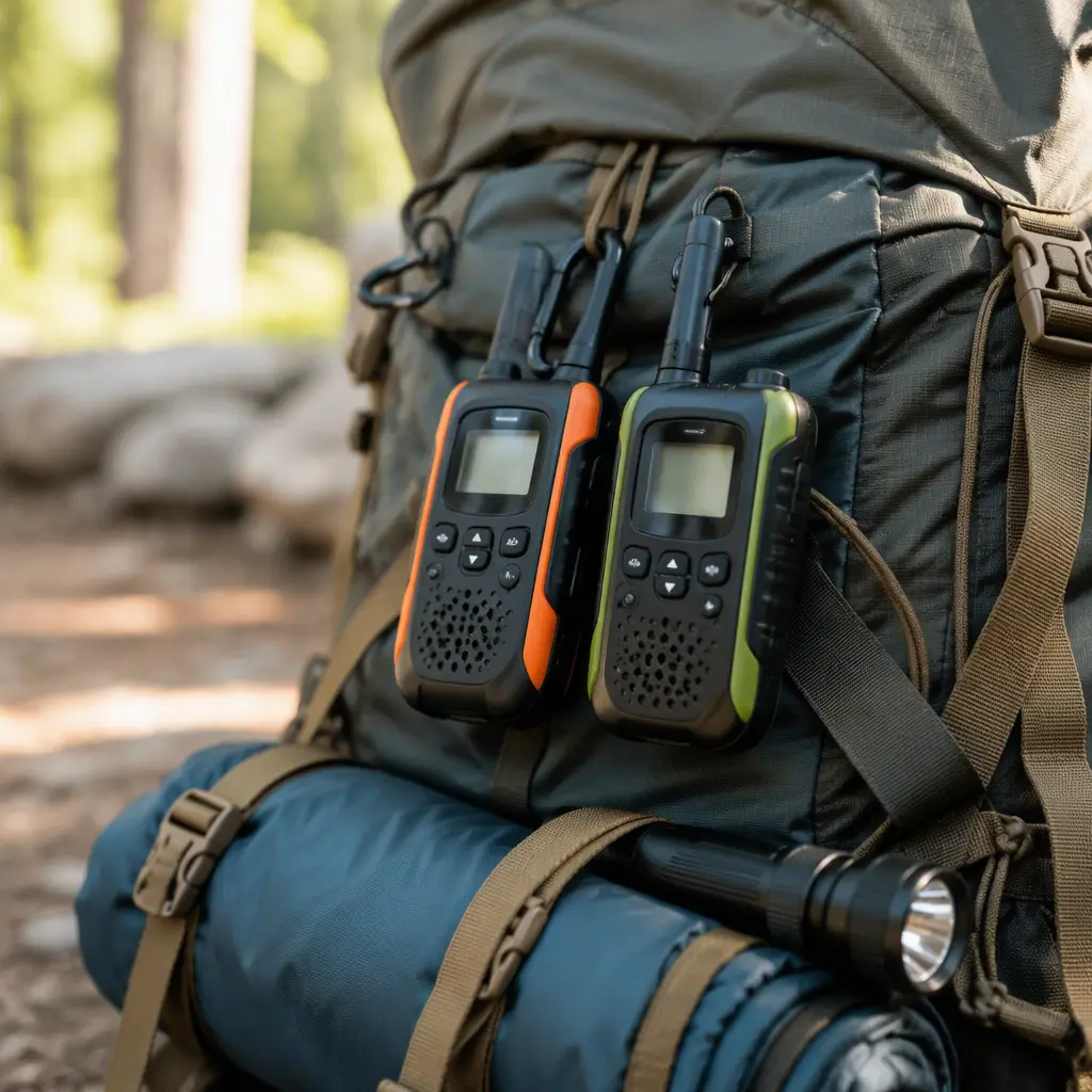 Kids walkie talkies attached to camping gear outdoors