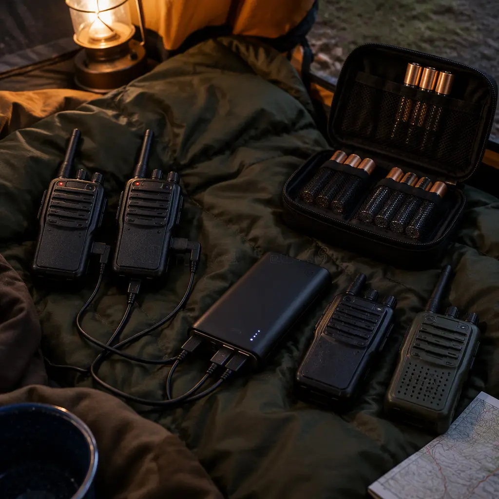 Rechargeable and battery-powered walkie talkies packed for camping