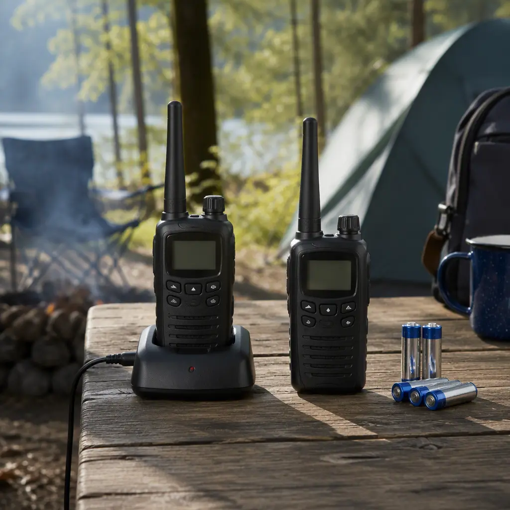 Rechargeable and battery-powered walkie talkies on a campsite picnic table