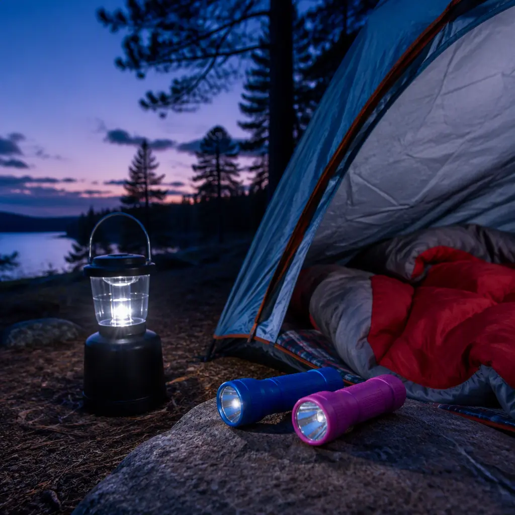 Child-sized flashlights beside camping gear near a tent at twilight