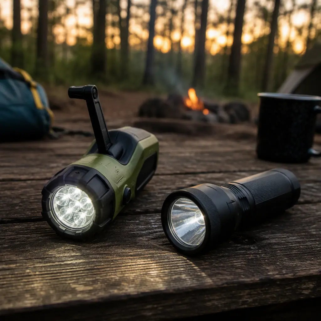 Hand-crank and rechargeable flashlights on a picnic table at a campsite